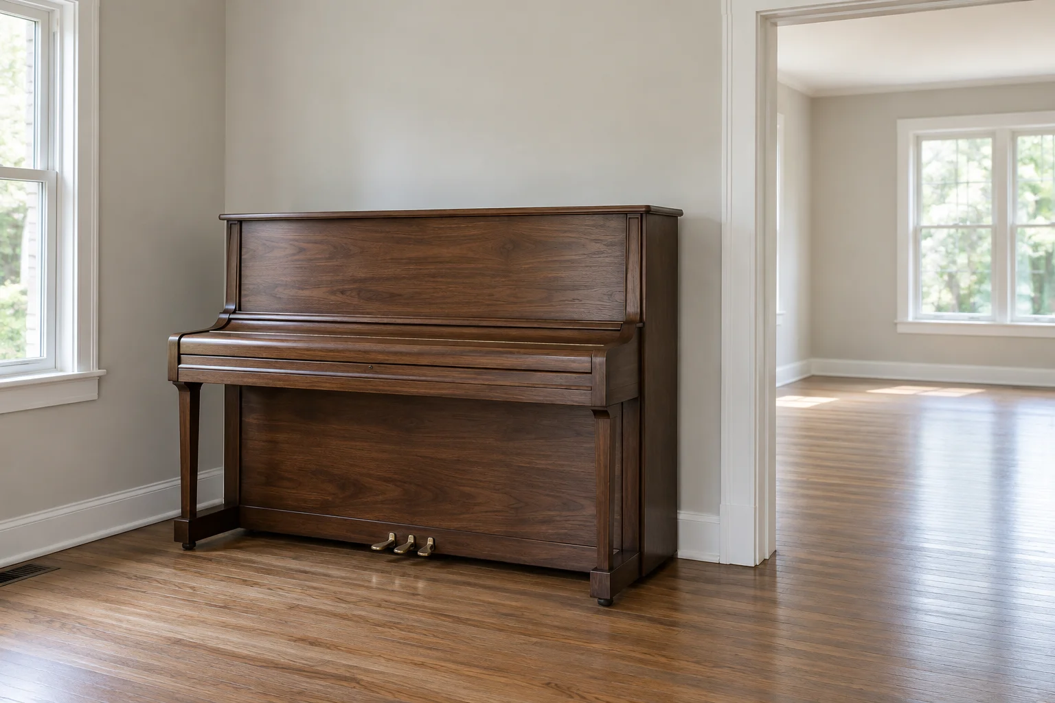 Illustrative upright piano in a room